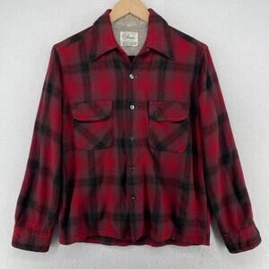 OHRBACHS Shirt Mens M Wool Blend Flannel Plaid Lumberjack Button Up Red VTG